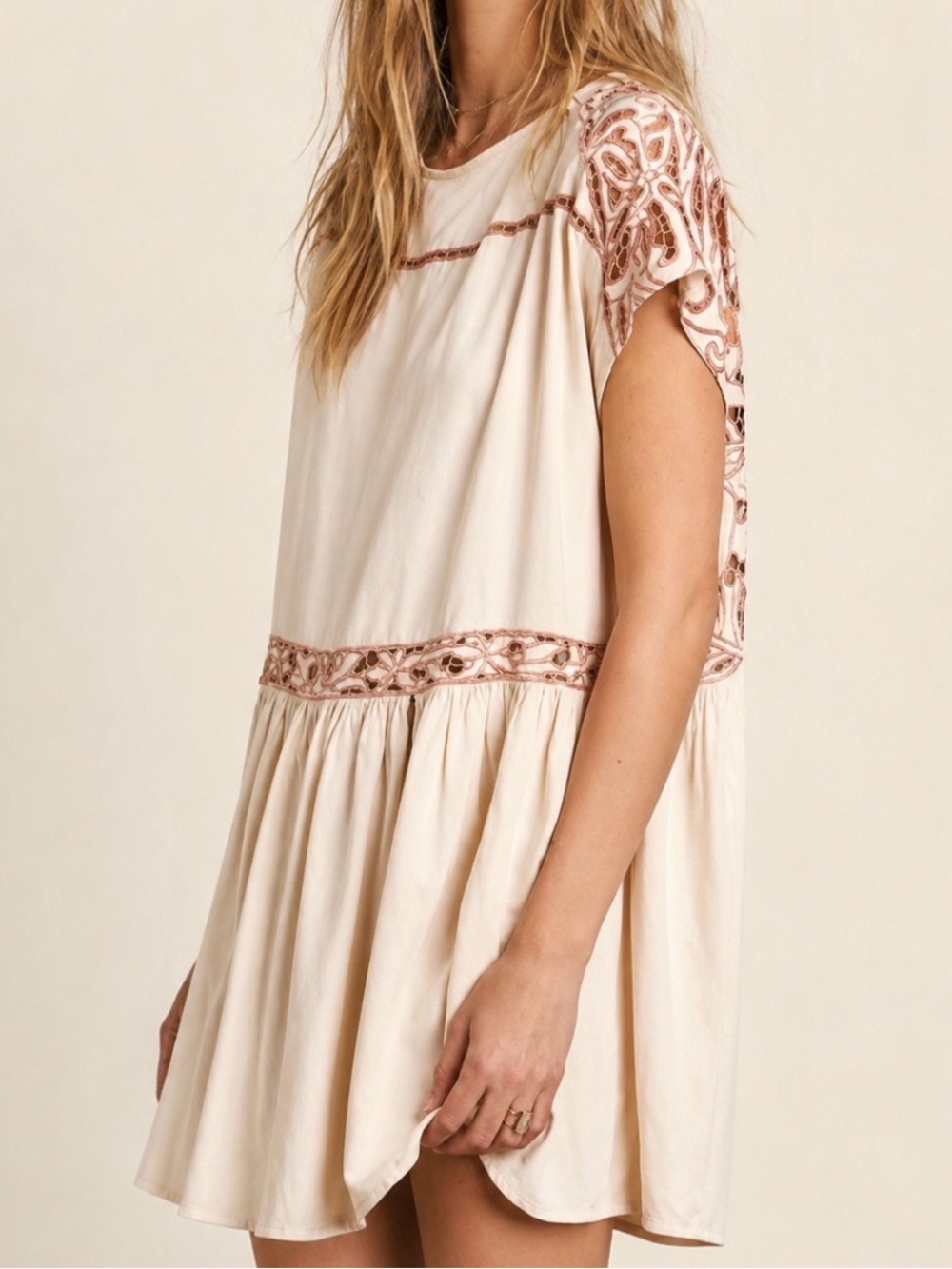 Free People Ayu Nude Floral Cutout Tunic Dress Medium Boho Festival Oversized - Picture 6 of 12